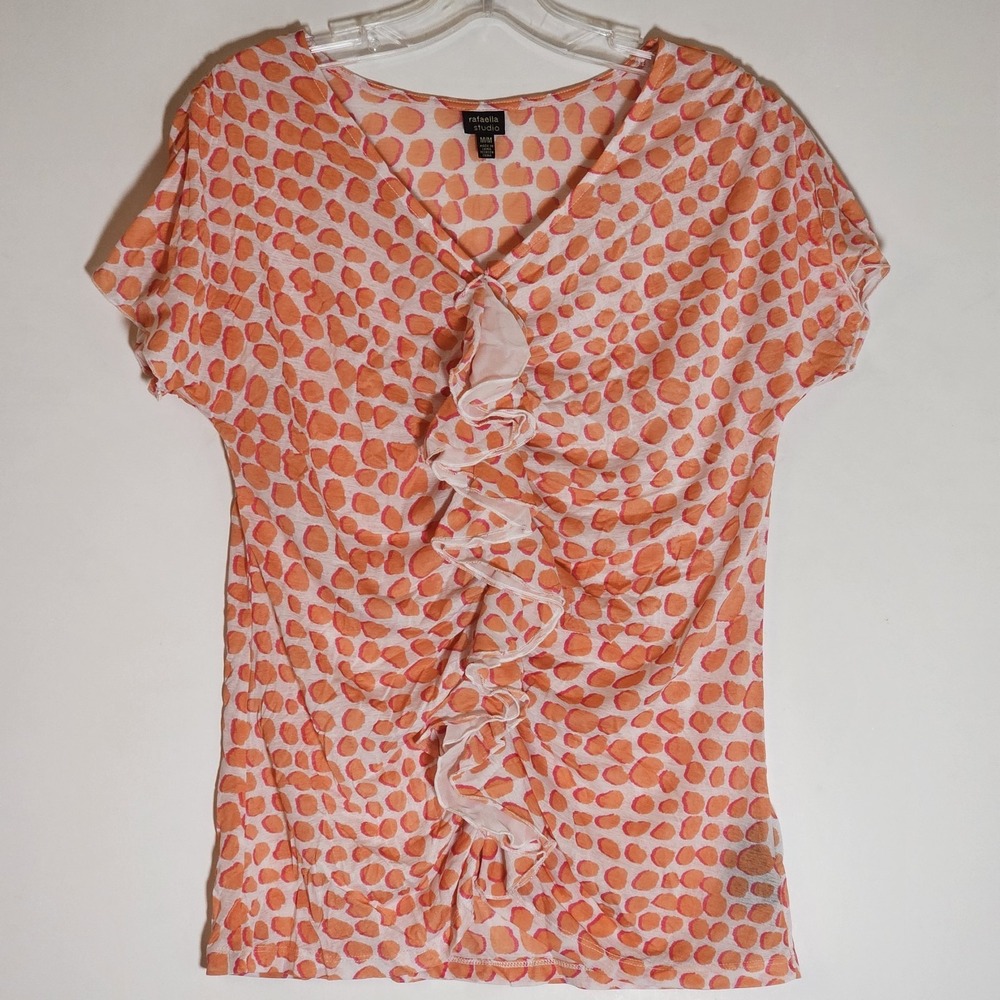 Rafaella Studio Top Womens‎ Medium Orange Ruffle Blouse Spotted Casual Stretch M